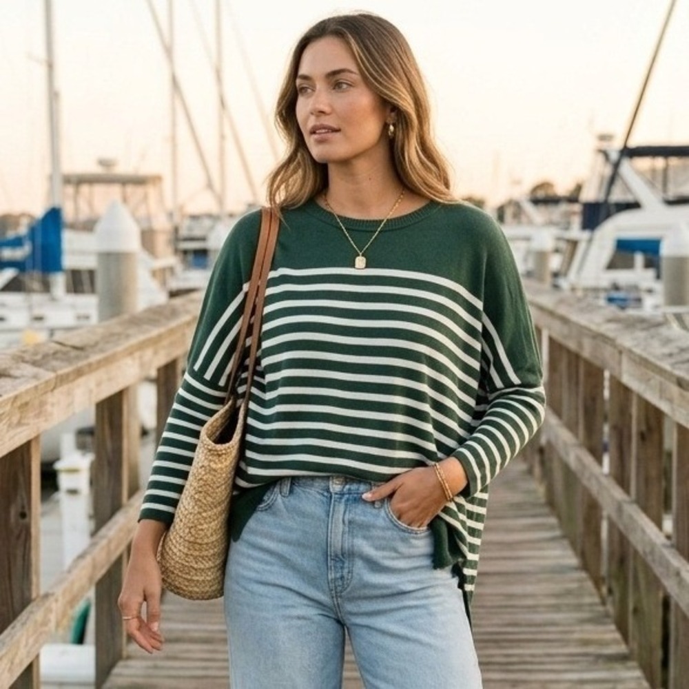 Mersea Striped Sweater Women OS Green White Oversized Crew Neck Nautical Coastal